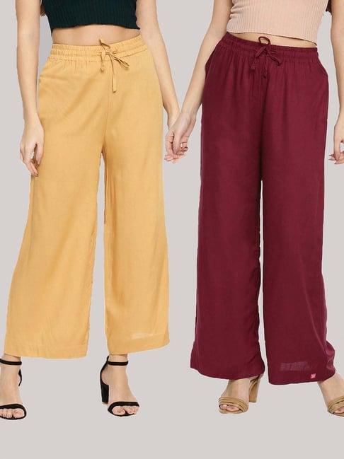 twin birds beige & maroon mid rise palazzos - pack of 2