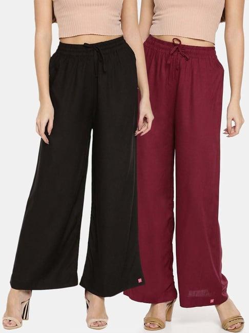 twin birds black & maroon mid rise palazzos - pack of 2