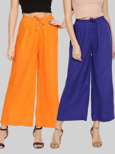 twin birds orange & blue mid rise palazzos - pack of 2