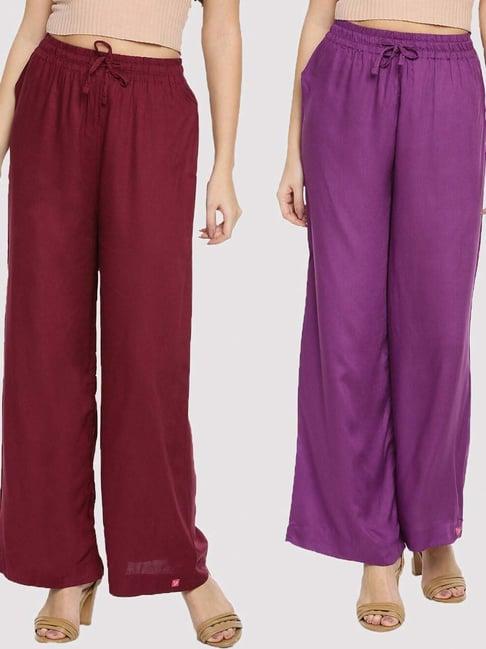 twin birds maroon & purple mid rise palazzos - pack of 2