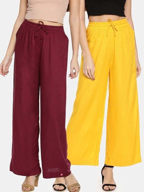 twin birds maroon & yellow mid rise palazzos - pack of 2