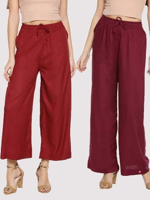 twin birds maroon & rust mid rise palazzos - pack of 2