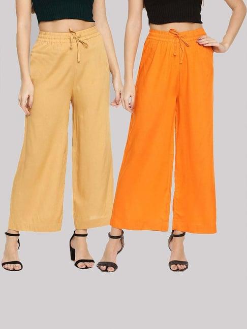 twin birds beige & orange mid rise palazzos - pack of 2