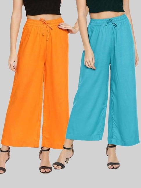 twin birds orange & blue mid rise palazzos - pack of 2