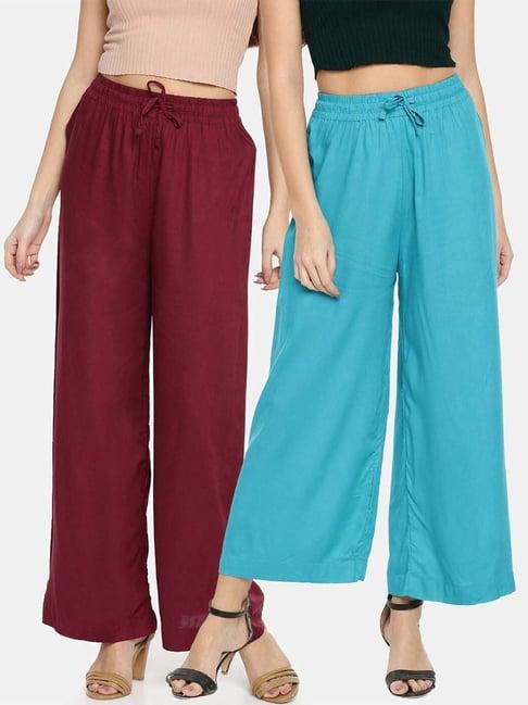 twin birds maroon & blue mid rise palazzos - pack of 2