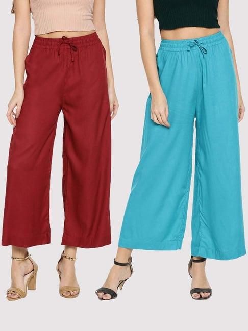 twin birds maroon & blue mid rise palazzos - pack of 2