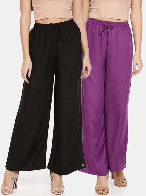 twin birds black & purple mid rise palazzos - pack of 2