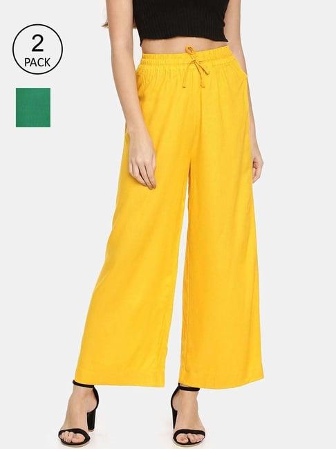 twin birds green & yellow mid rise palazzos - pack of 2