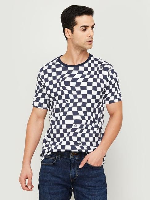 bossini navy cotton regular fit checks t-shirt