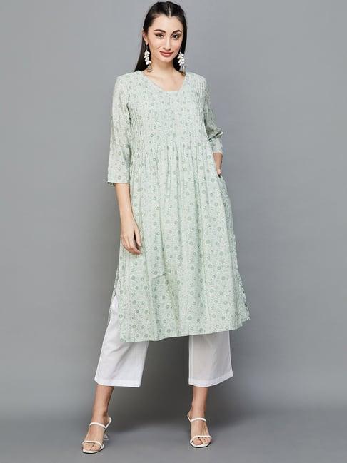 melange by lifestyle green floral print kurta