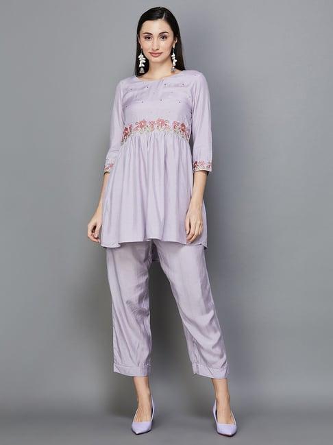 melange by lifestyle lavender embroidered kurti with pants