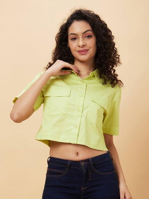 globus lime green cotton regular fit cropped shirt