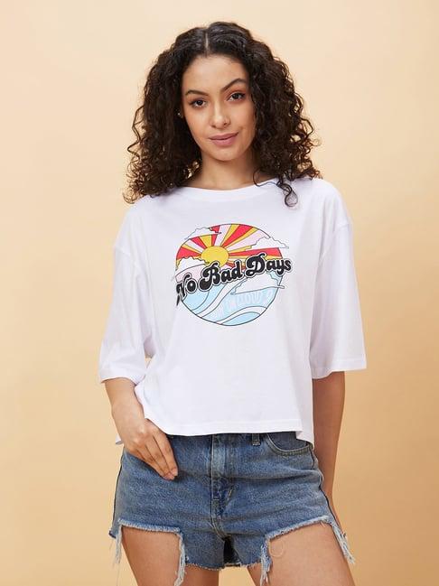 globus white cotton graphic print t-shirt