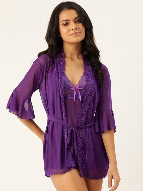 ms.lingies purple lace work babydoll with robe