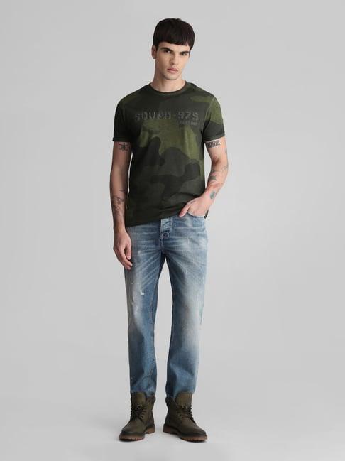 jack & jones green slim fit camo print crew t-shirt