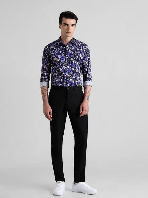 jack & jones jet black slim fit floral print cotton shirt