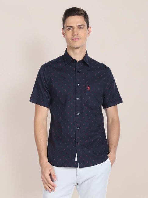 u.s. polo assn. navy cotton super slim fit printed shirt