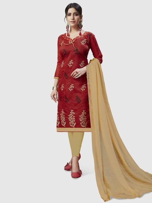 apnisha maroon & beige embroidered unstitched dress material