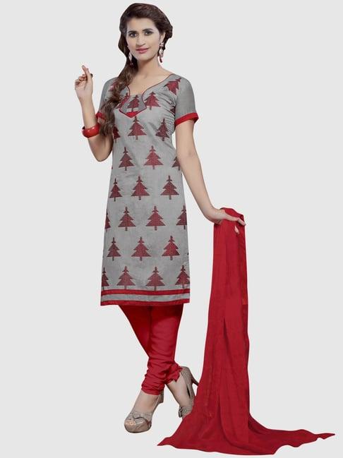 apnisha grey & red embroidered unstitched dress material