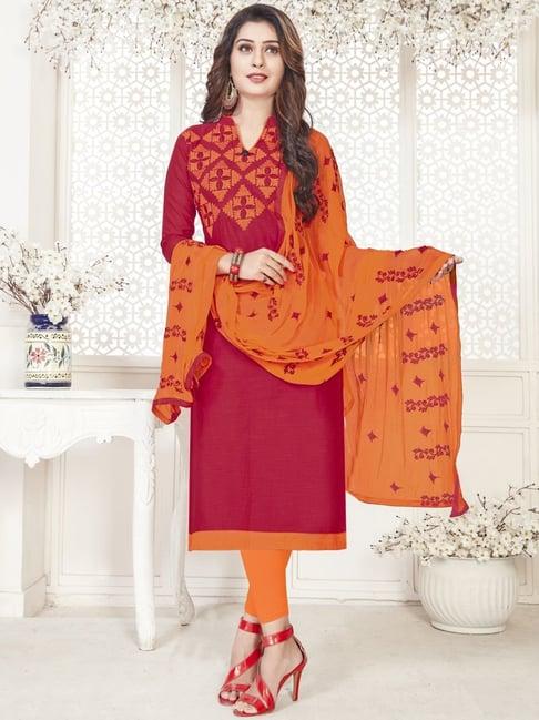 apnisha red & orange embroidered unstitched dress material