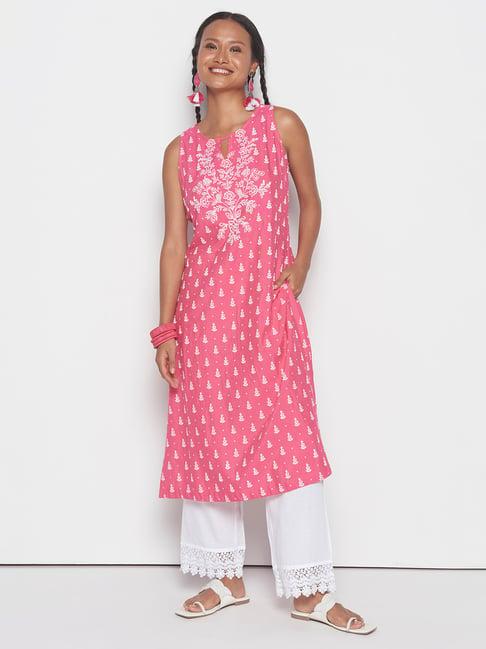 global desi pink floral a line kurta