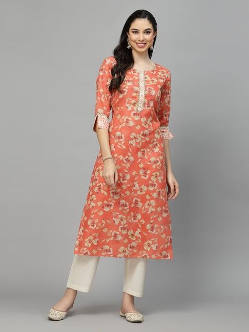 stylum peach floral print straight kurta