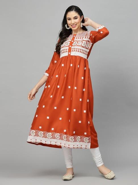 stylum rust embroidered a line kurta