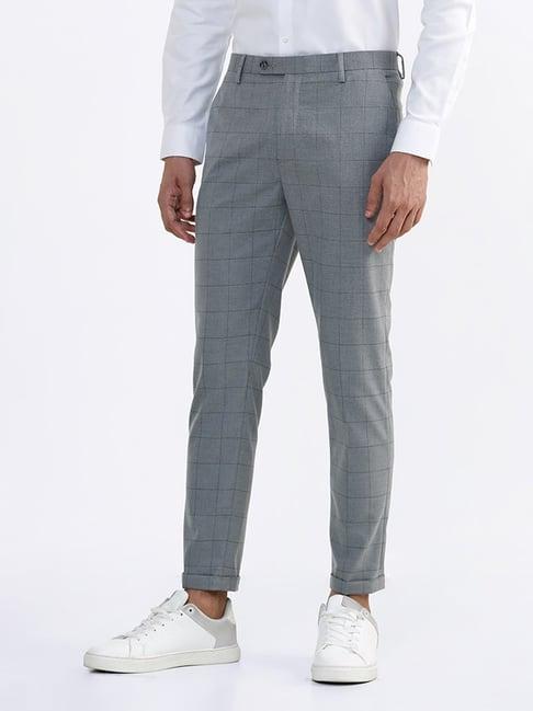 wes formals by westside checked grey carrot fit trousers