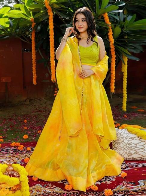 indi inside yellow printed unstitched lehenga choli set with dupatta