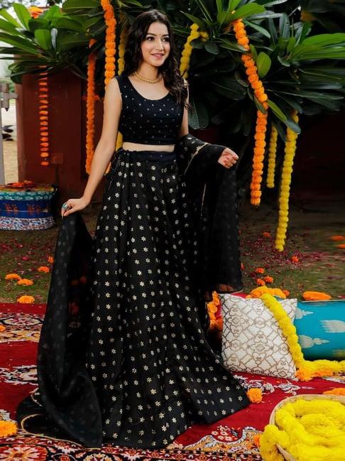 indi inside black printed unstitched lehenga choli set with dupatta