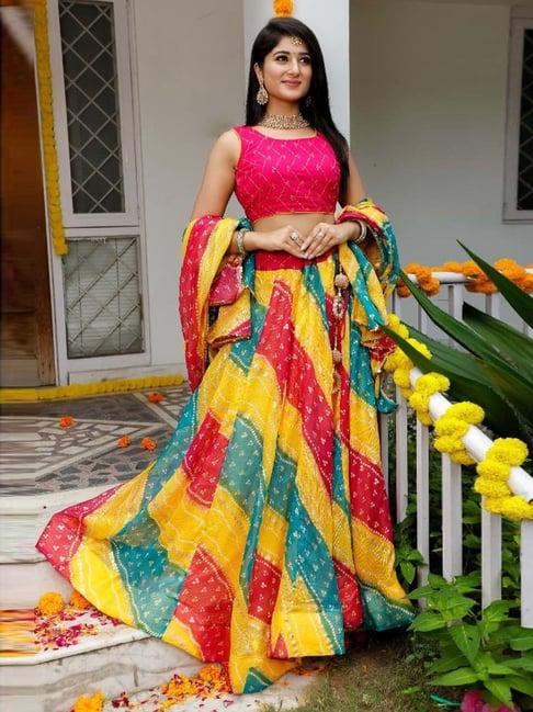 indi inside multicolored printed unstitched lehenga choli set with dupatta