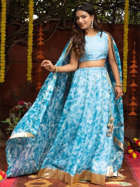 indi inside blue printed unstitched lehenga choli set with dupatta