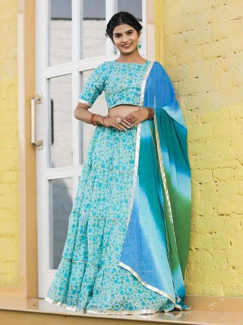 indi inside blue printed unstitched lehenga choli set with dupatta