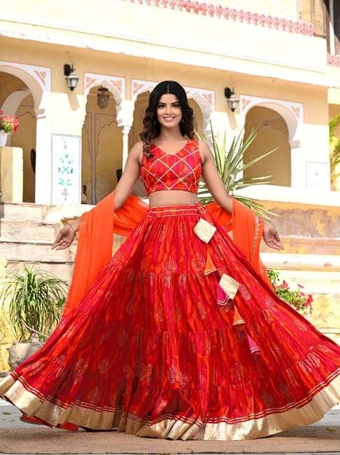 indi inside orange pink printed unstitched lehenga choli set with dupatta