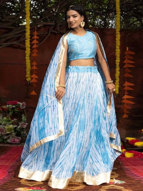 indi inside blue printed unstitched lehenga choli set with dupatta