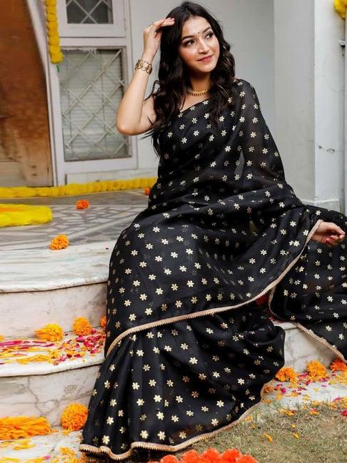 indi inside black printed saree with unstitched blouse