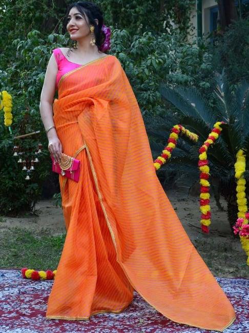 indi inside orange printed saree with unstitched blouse