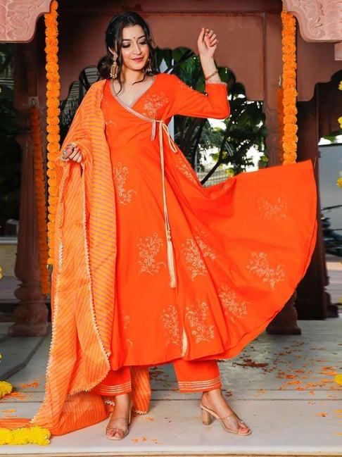 indi inside orange printed kurta pant set with dupatta