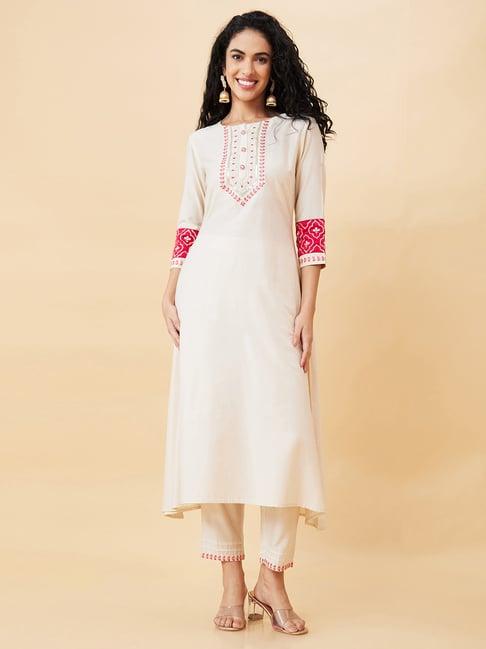 globus off-white embroidered kurta pant set