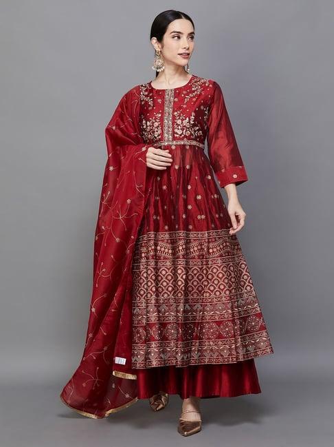 melange by lifestyle red embroidered anarkali palazzo set with dupatta