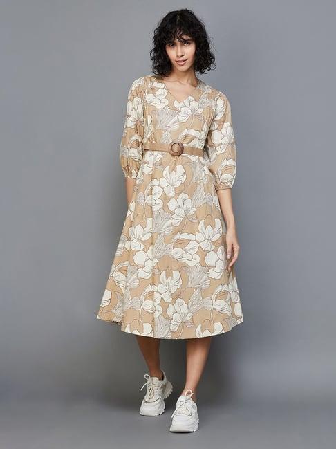 colour me by melange tan cotton printed a-line dress