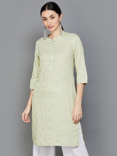 melange by lifestyle sage green printed straight kurta