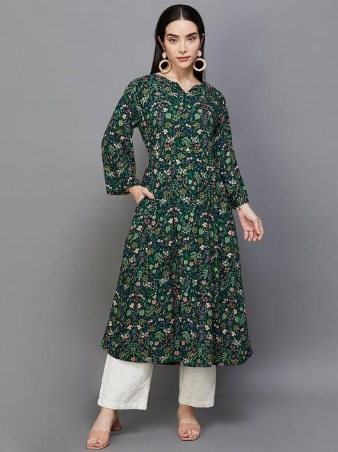 melange by lifestyle green printed a line kurta