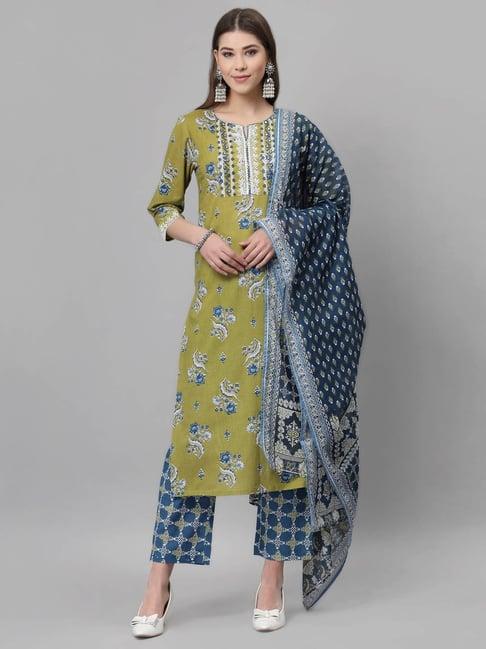 qomn green & blue cotton embroidered kurta with pant & dupatta