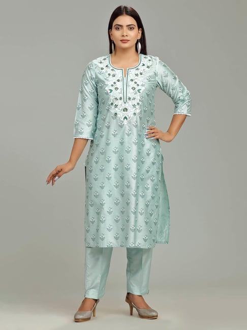 cotton culture aqua silk embroidered kurta pant set