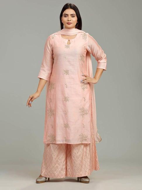 cotton culture peach chanderi embroidered kurta with palazzo & dupatta