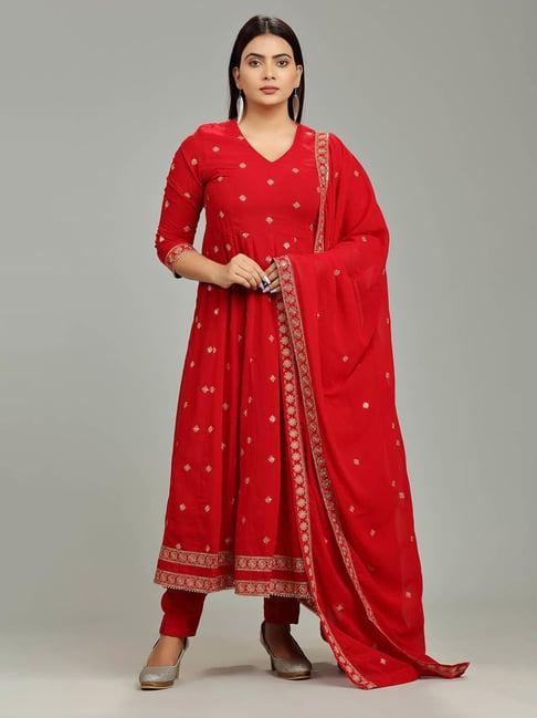 cotton culture red georgette embroidered kurta with pant & dupatta