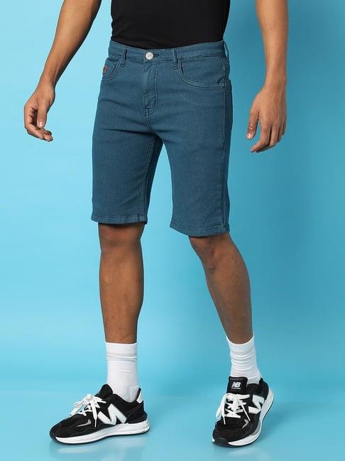 campus sutra navy regular fit denim shorts