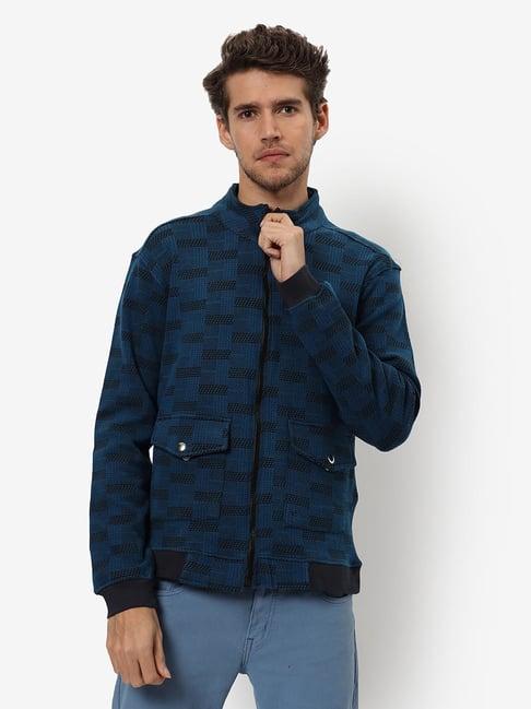 campus sutra blue & black cotton regular fit texture jacket