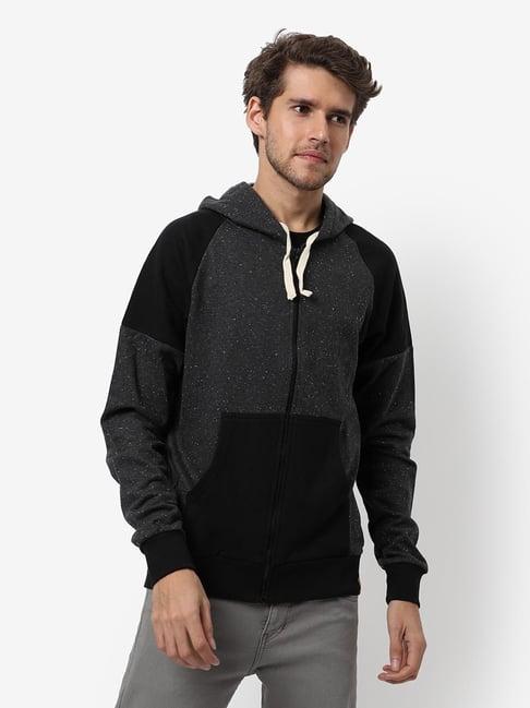 campus sutra charcoal & black cotton regular fit colour block hooded sweatshirt